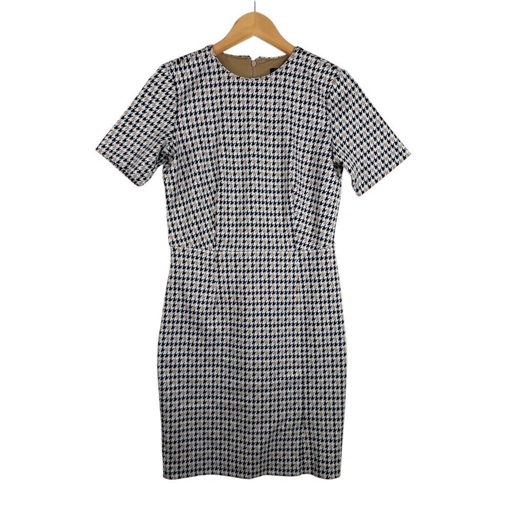 Ann Taylor Petite Womens Houndstooth Sheath Dress Size 2P Black Tan Round Neck